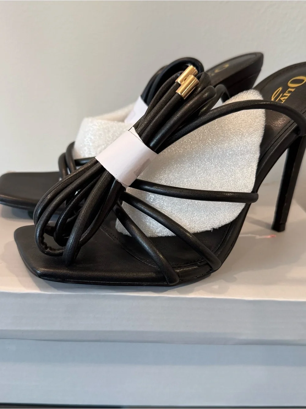 Elegant Black Strappy High Heel Mules with Gold Accent